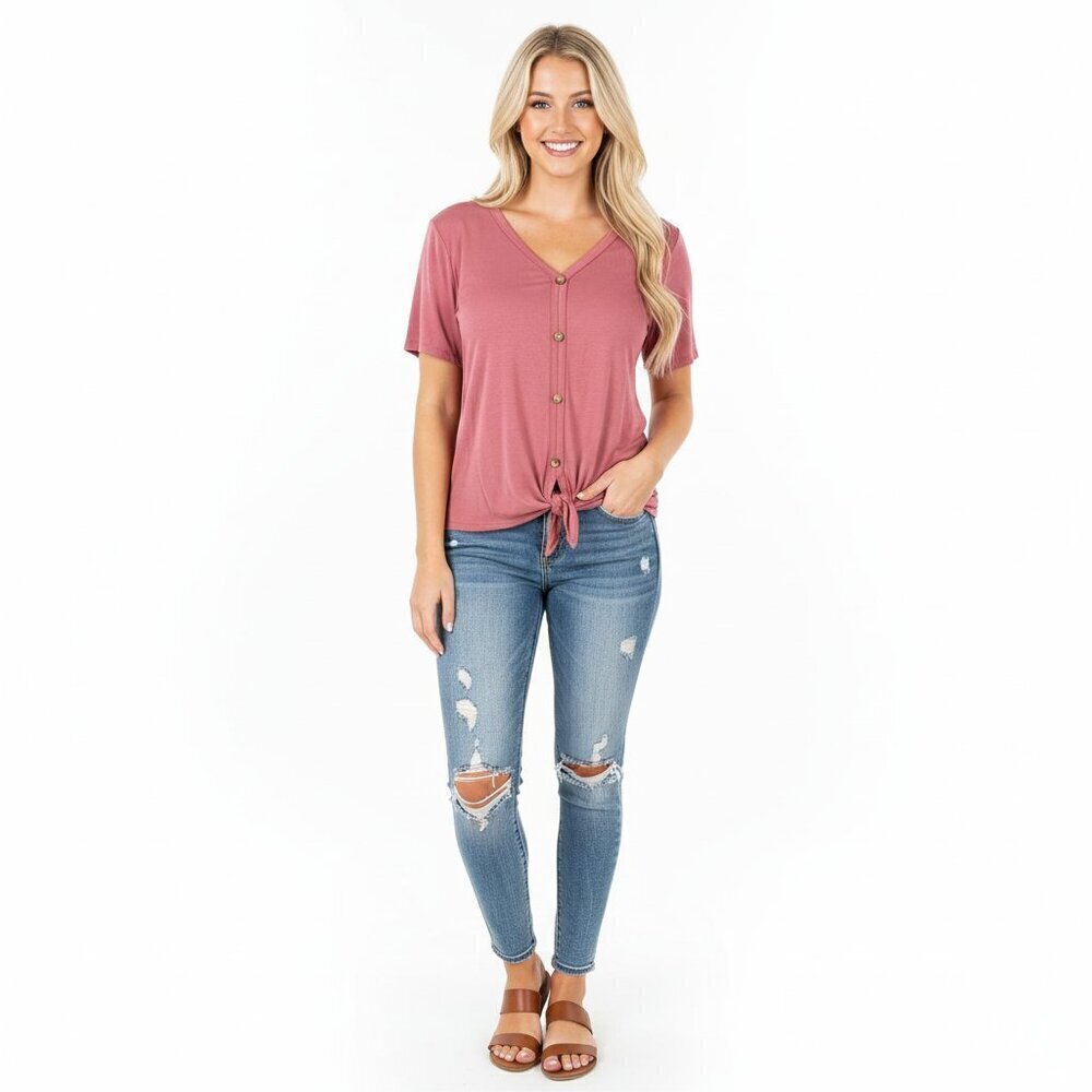 Atelier 29 plum colored large button tie front top